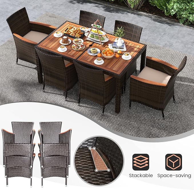 7 Pieces Outdoor Wicker Dining Set with Umbrella Hole, Patio Dining Furniture Set with Acacia Wood Table and Chairs, Garden Dining Table Set for Backyard, Desk, Poolside (Brown)