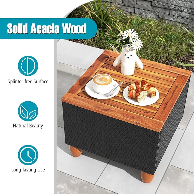 Tangkula 3 Pieces Patio Porch Furniture Set, PE Rattan Wicker Chair Conversation Set with Cushions and Storage Table, Outdoor Acacia Wood Bistro Set for Garden, Poolside (Turquoise)