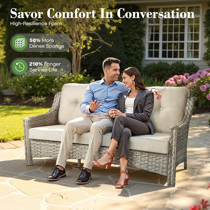 ovios 4 Piece Outdoor Patio Furniture with 3 Seat Sofa,Rattan Wicker Coversation Set with High Back,Sectional Single Sofa with Ottoman for Outside Porch Balcony Backyard Pool, Beige