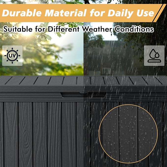 Fancyango 85 Gallon Outdoor Deck Box Waterproof, Large Storage Box for Patio, Resin Storage Bench Lockable for Garden Tools, Package Delivery,Black