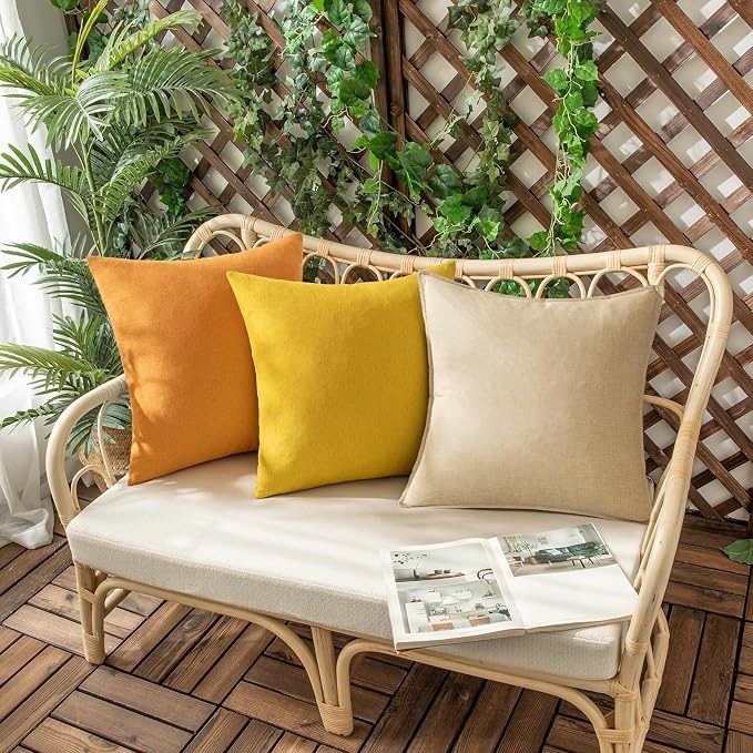 Outdoor Throw Pillow Covers Mustard Yellow 20x20 Set of 2 | Waterproof Decorative Farmhouse Linen Pillowcases Solid Cushion Cases for Patio Tent Balcony Couch Sofa Living Room