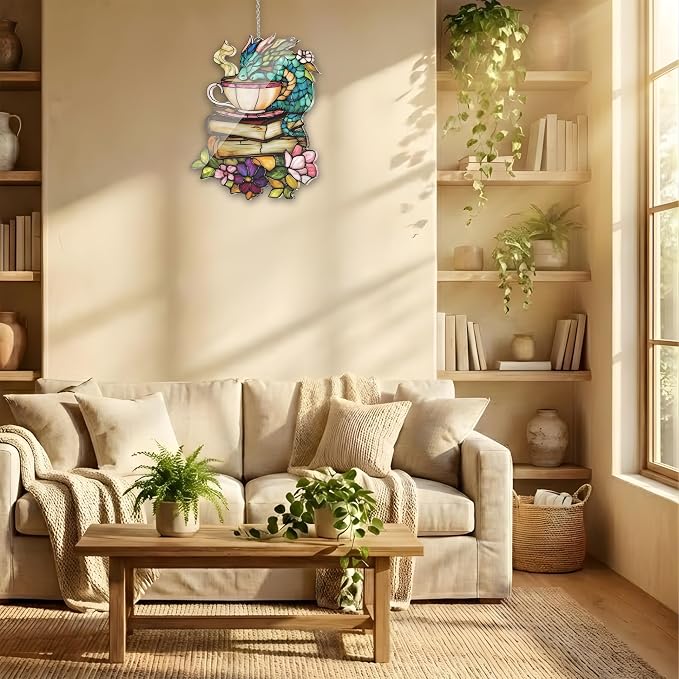 Book Dragon Floral Teacup Acrylic Suncatcher, Bookish Suncatchers for Window Hanging Ornament, Art Garden Decor for Book Lover Reader Bookworm, Gifts for Mother's Day, Mom, Grandma, Wife, Women, Nana