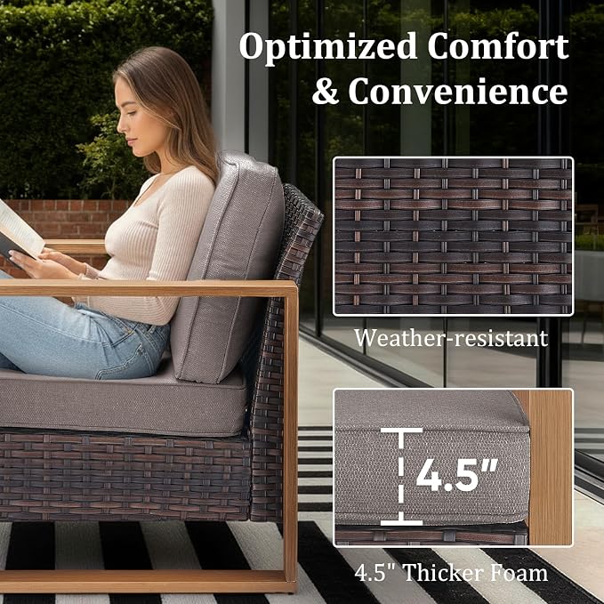 Outdoor Swivel Rocker Patio Chairs Set of 3, High Back Swivel Patio Chairs with Side Table & Metal Arm, Wicker Outdoor Bistro Set for Porch, Yard, Deck, Poolside, Grey