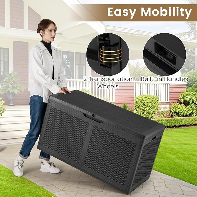 RELAX4LIFE 100-Gallon Resin Deck Box - Waterproof Outdoor Storage Box Container w/Lockable Lid & Wheels, Faux Rattan Porch Bench for Patio Furniture Cushions, Pool Accessories, Garden Tools (Black)