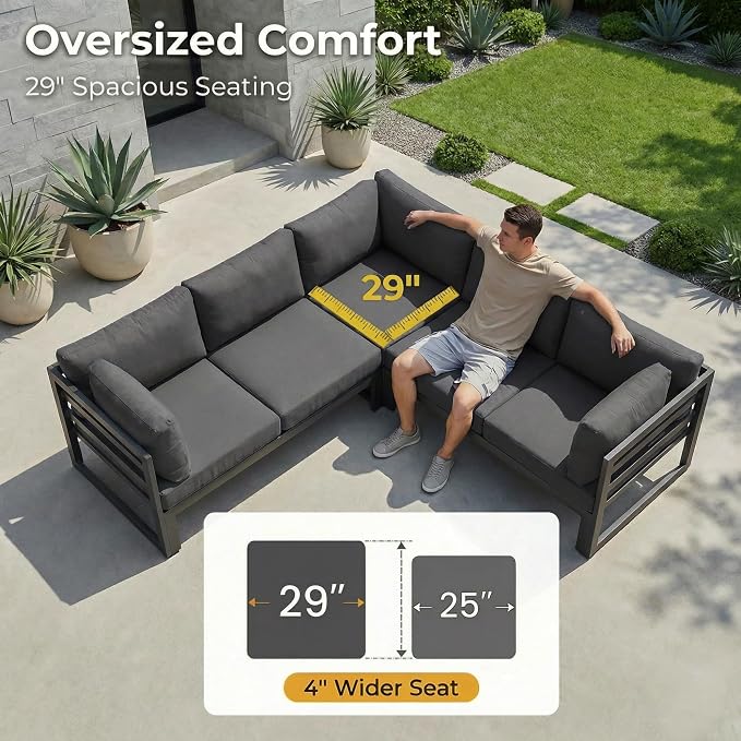 RADIATA 11 Pcs Modern Aluminum Outdoor Patio Furniture Set with Firepit Table & Side Table, Extra Large All-Weather Modular Sectional Couch, 29" Wide Deep Seating Conversation Sofa for Deck, Dark Grey