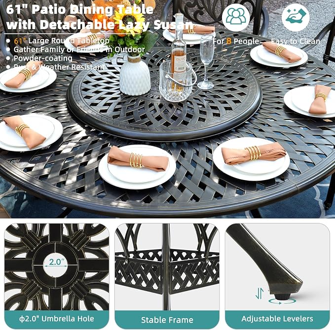 MEETWARM 9-Piece Outdoor Furniture Dining Set, All Weather Cast Aluminum Patio Garden Set with 8 Cushioned Chairs, 61" Round Patio Dining Table with Detachable Lazy Susan, 2" Umbrella Hole, Chili Red