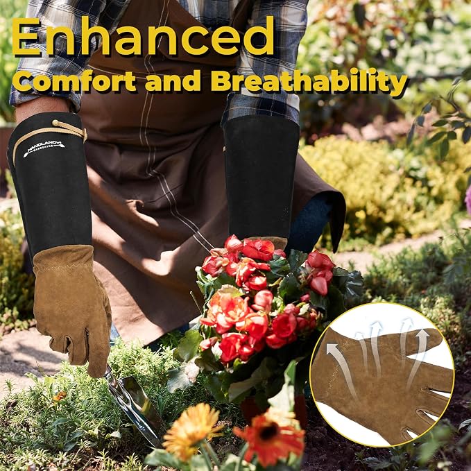 HANDLANDY Rose Pruning Gloves for Men Women, Thorn Proof Gardening Gloves | Long Leather Gardening Gloves, Breathable Leather Gauntlet, Best Garden Gifts & Tools for Gardener (Coffee Brown, XL)