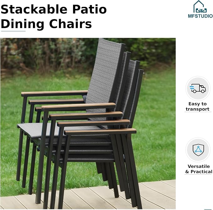 MFSTUDIO 5 PCS Outdoor Dining Set, Round Table & Aluminum Chairs, Grey | Stackbale textilene chairs, Light-weight & space-saving, Square Table, Umbrella Hole, Patio deck, 4 person
