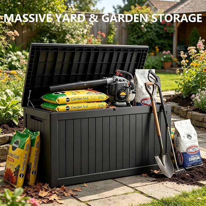 200 Gallon Resin Outdoor Storage Box for Garden Tools, Pool Supplies & Outdoor Patio Cushions – UV-Resistant, Waterproof, Durable Material – Lockable (Black)