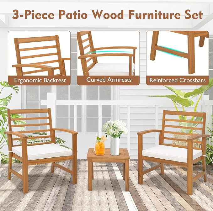 Tangkula 3 Pieces Outdoor Furniture Set, Acacia Wood Conversation Set with Soft Seat Cushions, Stable Acacia Wood Frame, Patio Sofa & Coffee Table Set for Backyard, Porch, Poolside (White)