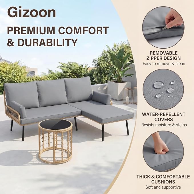 Gizoon 3-Piece Outdoor Patio Furniture Set, All-Weather PE Wicker L-Shaped Conversation Sofa with Thick Cushions & Glass Table, for Backyard, Porch, Balcony, Poolside (Grey)