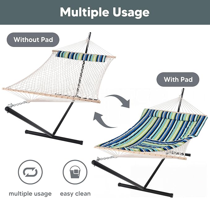 SUNCREAT Hammocks Double Cotton Rope Hammock with Polyester Pad, Heavy Duty Hammock with Steel Stand, Blue&Green
