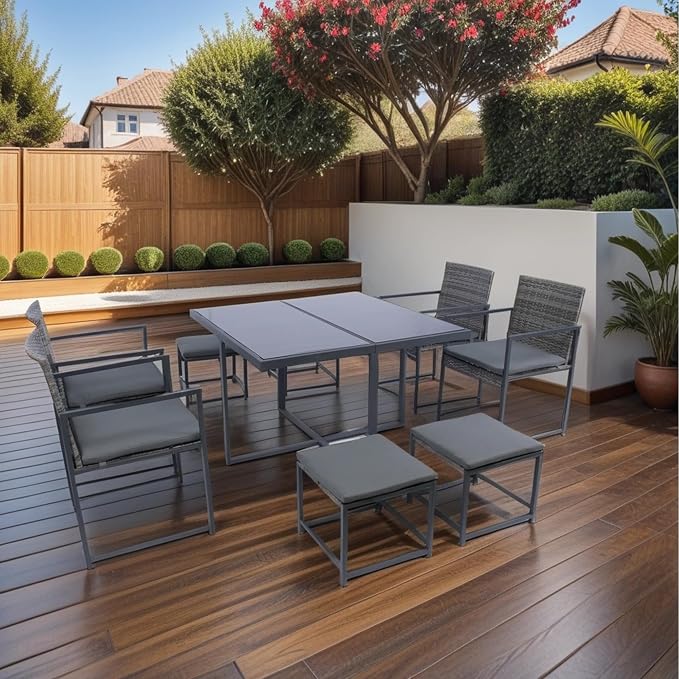 LUMISOL 9 Piece Outdoor Patio Dining Set with Glass Top Table,Patio Furniture Sets with Cushion,All Weather Sectional Conversation Set,Space Saving Patio Set for 8,Backyard,Beach