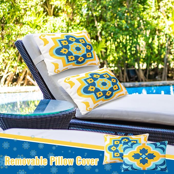 Juexica 2 Pack Chaise Lounge Pillow with Strap Outdoor Waterproof Beach Chair Neck Headrest Pillow Adjustable Elastic Band for Hammock Lumbar Recliner Pillows for Patio Pool Chair(Boho Blue Flower)