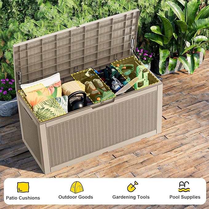 Storage Deck Box Outdoor Waterproof Resin Lockable Outside Bench UV Resistant Bin Patio Porch Furniture Pool Float Garden Tool Cushion (Grey, 120 Gallon)