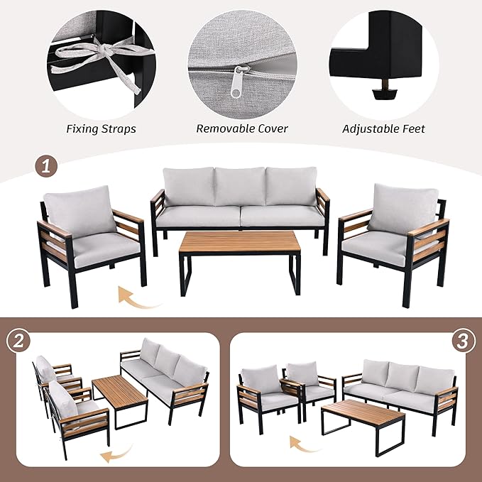 VilroCaz 4-Piece Outdoor Patio Furniture Sectional Sofa Set with Acacia Wood Armrests, All-Weather Conversation Set with Removable Cushion and Solid Wood Coffee Table for Garden Backyard (Beige-TH)
