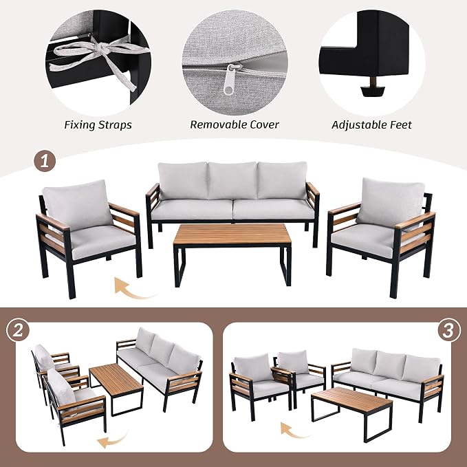 KLMM 4-Piece Outdoor Sofa Set for 5 People with Acacia Wood Armrests, Patio Conversation Set with Removable Cushion and Solid Wood Coffee Table,for Garden Backyard (Beige#g)