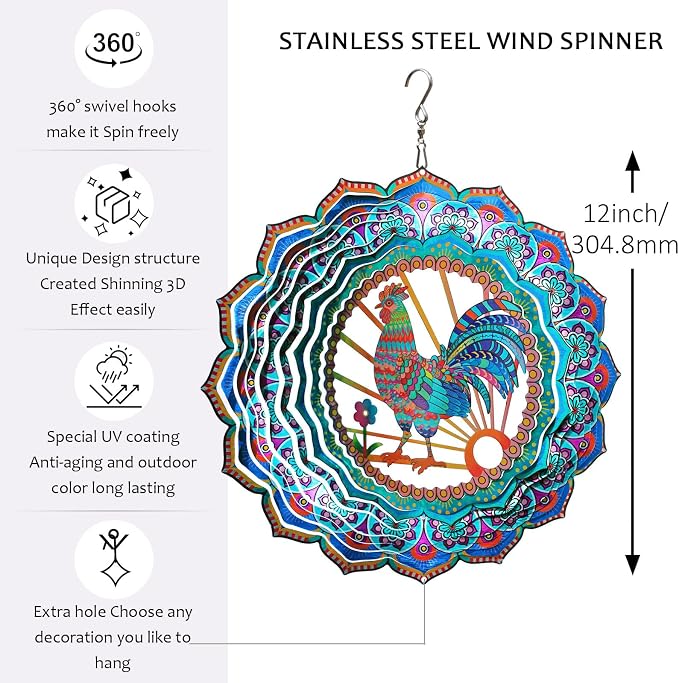 Aoedelyart Rooster Wind Spinner for Yard and Garden,12in Wind Spinners Outdoor Rooster Gifts,Chicken Gifts for Women Mother Grandma Wife Men Father,Garden Decor Metal Hanging Yard Art Wind Sculpture