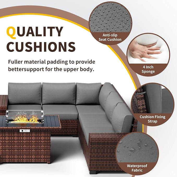 Patio Furniture with Fire Pit Table,8‘’ Wide armrest Outdoor Sectional Rattan Sofa Set, Wicker Patio Furniture Sets w/Coffee Table,Thick Cushions and Cover for Porch, Deck, 9 PC (Brown&Grey)
