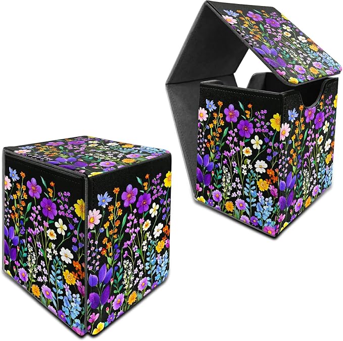 Deck Box for MTG, Cards Storage Box Fits 120+ Sleeved, Leather Medium Size Strong Magnetic Closing Card Case for Board Games Magic TCG CCG Baseball Collection, Purple Wildflower