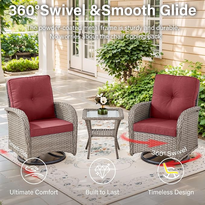 Belord Wicker Outdoor Furniture Set - 7 Piece Patio Conversation Sets with Comfort Swivel Rocker Glider Patio Chairs Set of 2 and Rattan Sofa, Tempered Glass Coffee Table and Side Table,Gray/Red