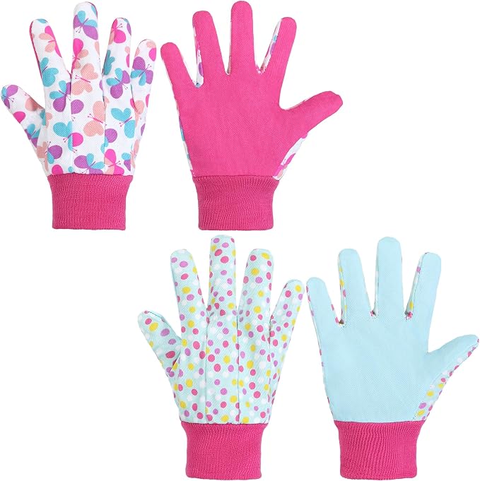 HANDLANDY 2 Pairs Kids Gardening Gloves, Cotton Kids Work Gloves, Pink, S | Girls Boys Children Garden Yard Work Play Cycling Gloves with Knit Wrist, Cute Pattern, Gift