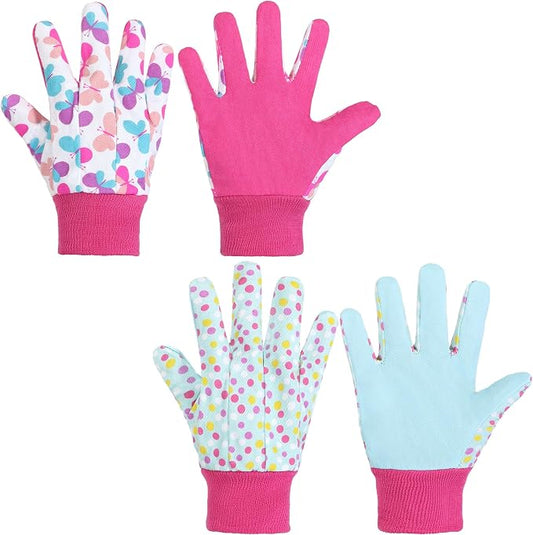 HANDLANDY 2 Pairs Kids Gardening Gloves, Cotton Kids Work Gloves, Pink, S | Girls Boys Children Garden Yard Work Play Cycling Gloves with Knit Wrist, Cute Pattern, Gift
