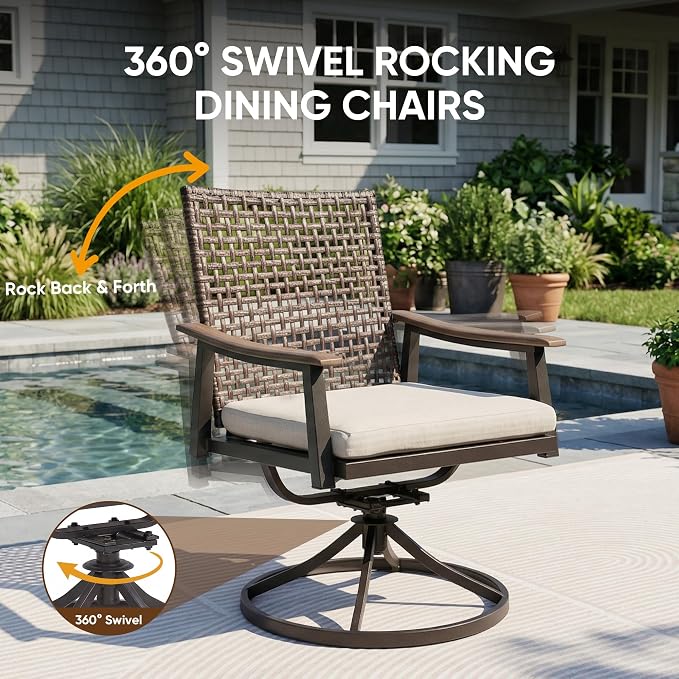 NATURAL EXPRESSIONS Outdoor Dining Set,Patio Table and Chairs Set with 4 Rattan Wicker Swivel Chairs,5 Piece Patio Dining Set for 4,36.6" Woodgrain Table with 1.65" Umbrella Hole,Patio Sets for Yard