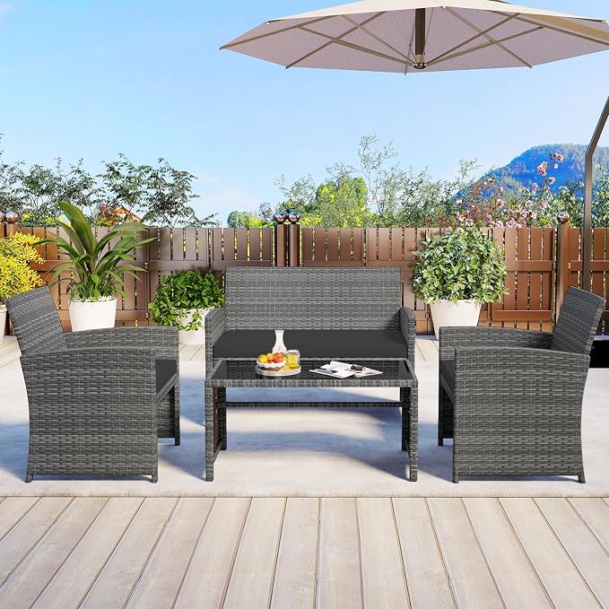 HAPPYGRILL 4 Piece Rattan Wicker Patio Conversation Set, Outdoor Furniture with Chair Loveseat Table & Cushion, for Backyard Porch Balcony (1, Black)