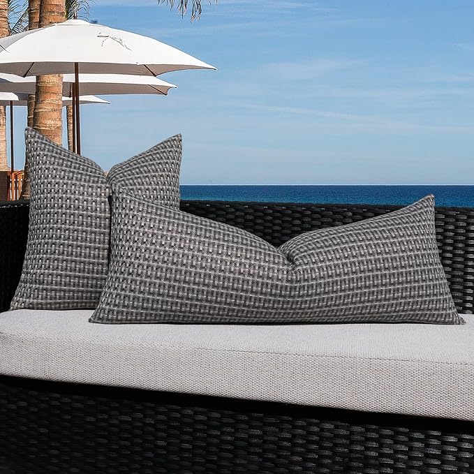 Kevin Textile Outdoor Waterproof 14"x36" Pillow Cover 1 Pack, Dark Grey | Water Resistant Weaving Faux Linen Texture Throw Pillow Covers, Outside Decorative Pillowcases for Garden Patio Balcony Couch