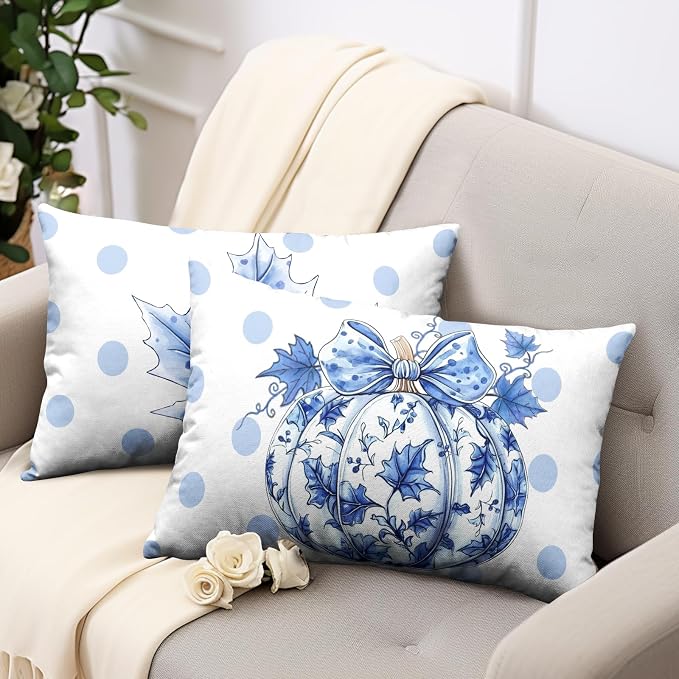 Fall Lumbar Pillow Covers Blue and White Porcelain Maple Leaf Pumpkin Throw Pillow Covers 12x20 Set of 2 Autumn Blue Polka Dot Pillowcase Thanksgiving Cushion Case for Couch Sofa