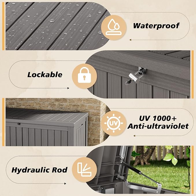 Fancyango 150 Gallon Outdoor Deck Box Waterproof, Large Storage Box for Patio, Resin Storage Bench Lockable for Garden Tools, Package Delivery, Grey