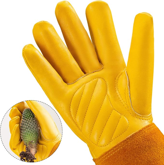 Acdyion Thorn Proof Gardening Gloves for Men & Women, Butter Yellow, S | Long Puncture-resistant Cowhide Leather Gauntlets for Rose Pruning, Cacti, and Yard Work