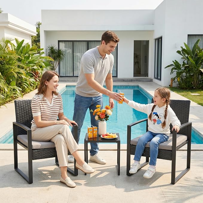 IDEALHOUSE 3 Piece Outside Patio Furniture Set, Outdoor Wicker Chair Conversation Set with Glass Coffee Table, PE Rattan Patio Furniture for Backyard, Porch, Patio, Poolside (No Rocking)