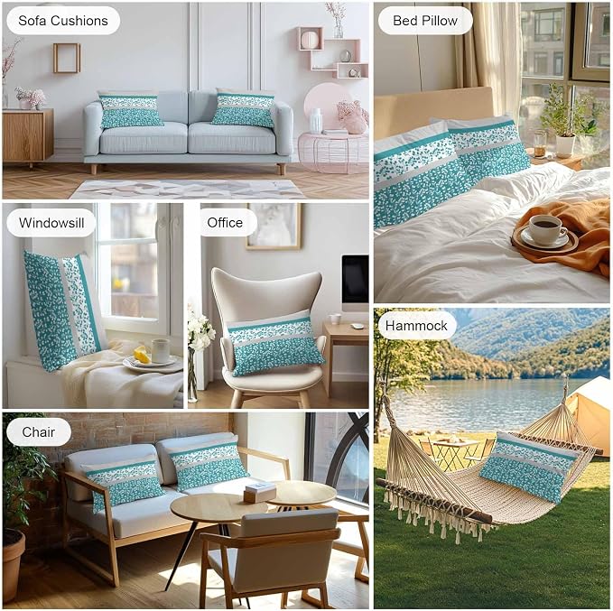 Teal Floral Outdoor Pillow Covers 20x12 Inch Lumbar Pillow Covers Set of 2 Waterproof Decorative Throw Pillow Cases Botanical Blossom Motif Boho Grey Stripes Cushion Covers for Patio Furniture Garden