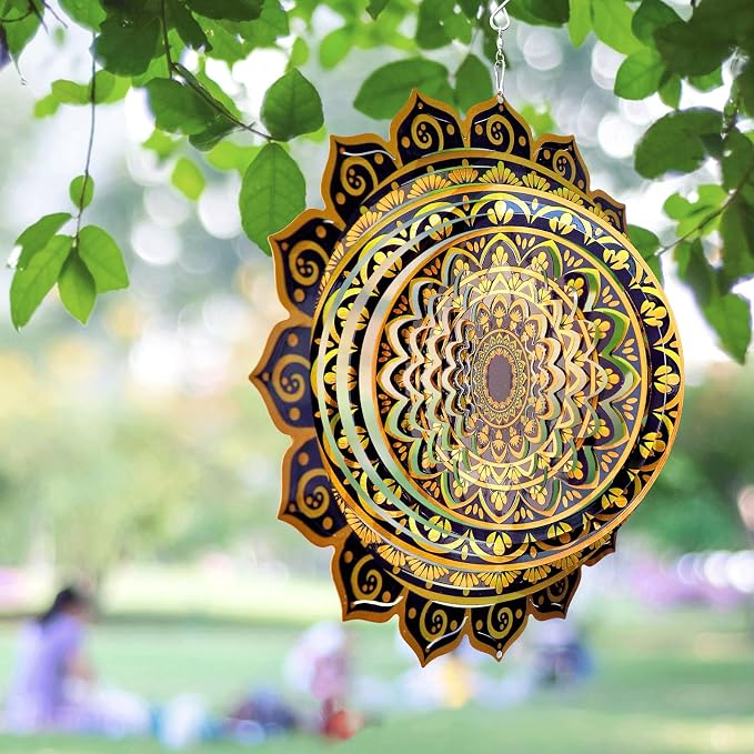 Aoedelyart Wind Spinner Mandala Rich Gold‌,12In Stainless Steel Wind Spinners Outdoor,Garden Gift for Women Mom Father Men Friend,Hanging Wind Sculptures & Spinners Kinetic Yard Art Decorations