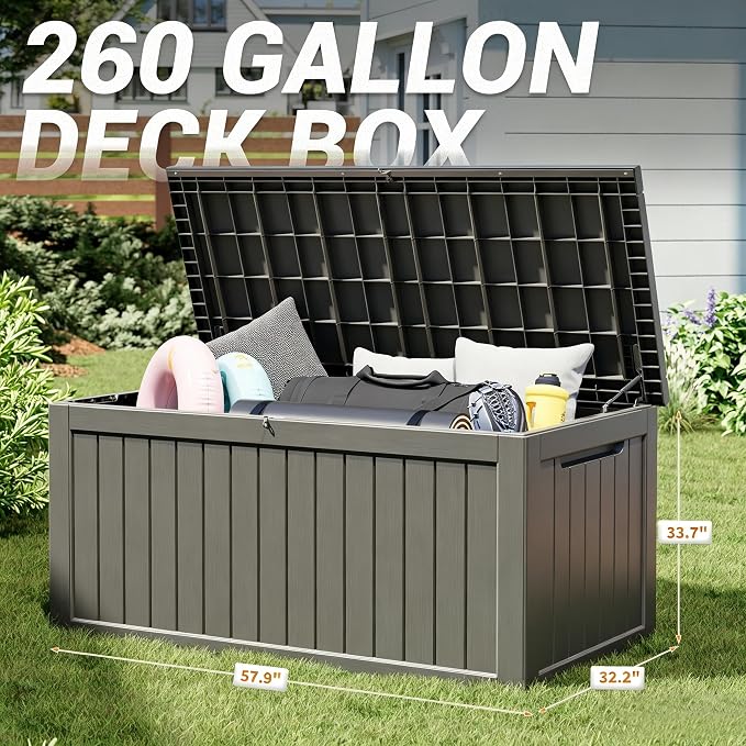 KAMABOKO 260 Gallon Outdoor Storage Box, Resin Deck Boxes Indoor and outdoor, Waterproof Storage Box Lockable Lid for Garden Tools, Package Delivery, Patio Cushions, Grey