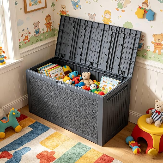 90 Gallon Large Outdoor Storage Box, Indoor and Outside Deck Box with Lockable Design Lids, Waterproof Resin Storage Containers Bin for Garden, Garage, Patio, Poolside, Toy Storage Grey