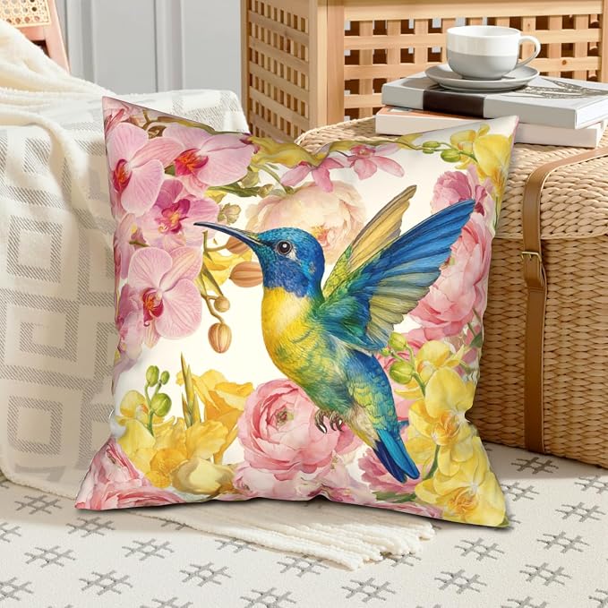 Spring Pillow Covers 22x22 Set of 2 Hummingbird Throw Pillow Covers Pink Yellow Moth Orchid Buttercup Floral Pillow Case for Home Decor Couch Sofa