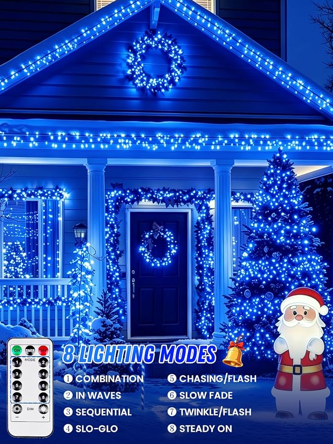 2 Pack 100 LED Fairy Lights Battery Operated with Remote Timer, 33 FT Blue | Cuttable, 8 Modes, Memory, Dimmable, IP44 Waterproof Battery String Lights for Indoor Outdoor, Wedding, Christmas Decorations