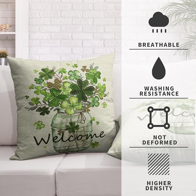 St Patricks Day Pillow Covers 18x18 Set of 2 Shamrock Pillow Case Clover Vase Decorative Pillow Covers Spring Cotton Linen Cushion Case for Living Room Outdoor Bedroom