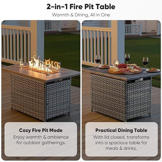 5-Piece Luxury Patio Furniture Set with 6-Inch Thick Cushions, High-Back Outdoor Swivel Rocker Chairs & Wicker 42" Fire Pit, All-Weather Conversation Set for Porch, Deck, Balcony or Backyard – Gray