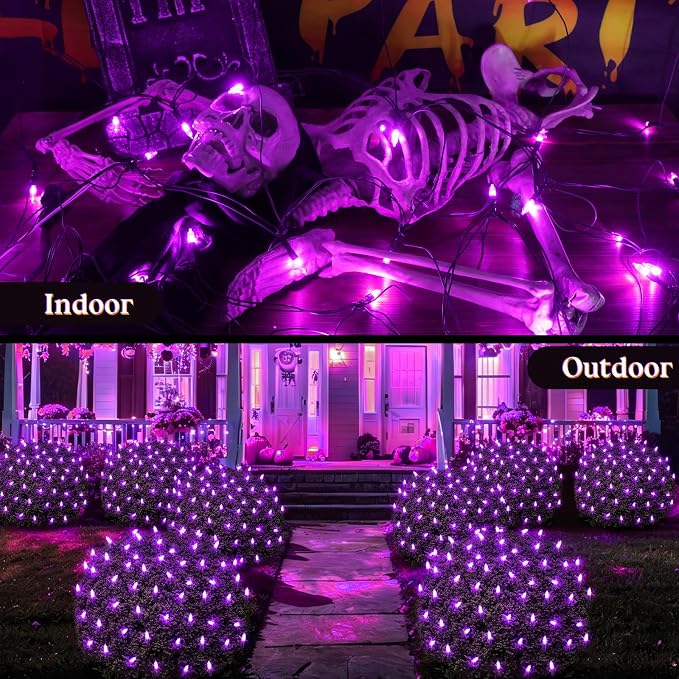 120LED Halloween Net Lights Outdoor, 5ft x 6ft Connectable Mesh Lights, 8 Modes 3.5V Low Voltage Waterproof Bush Lights for Trees, Bushes, Wedding, Party Decor (Purple, 1Pack)