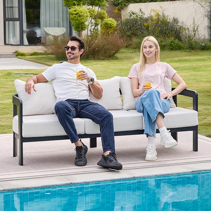 Outdoor Patio Sofa, 3-Seat All-Weather Metal Modern Couch with Washable Thick Cushion for Garden/Backyard/Porch, White