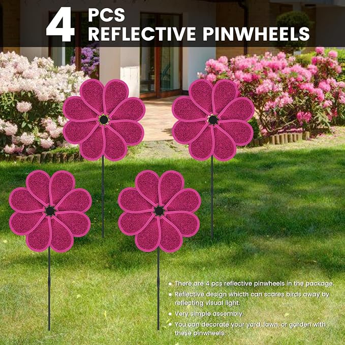 4 PCS 11.4" W x 28" H Reflective Pinwheels Sparkly Lawn Wind Spinners Colorful Rainbow Windmill for Garden Decoration Bird Devices Deterrent to Scare Birds Away（Rose Red）