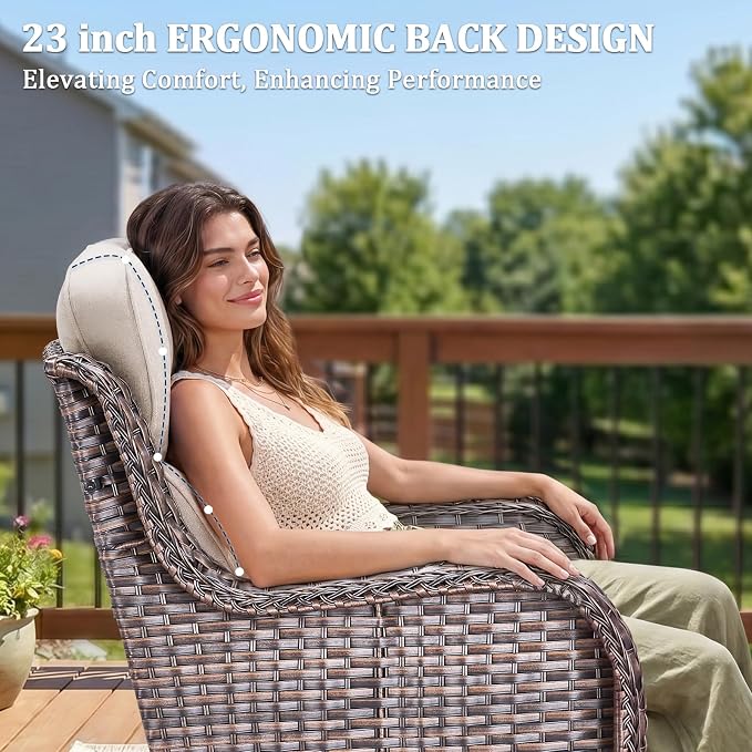 Luxury Swivel Rocker Chairs Set with 6" Thick Cushion - Wicker Outdoor Swivel Rocker Patio Chair High Back Comfortable Outdoor patio furniture set Glider Chairs set - Brown Wicker | Beige Cushions