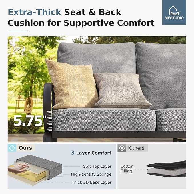 MFSTUDIO 4 Piece Patio Conversation Sets, All Weather Metal Frame Outdoor Furniture Set Patio Sofas with 1 x 45 Rectangular Fire Pit Table, 1 x 3-Seat Sofa, 2 x Sofa Chairs, Grey Cushion