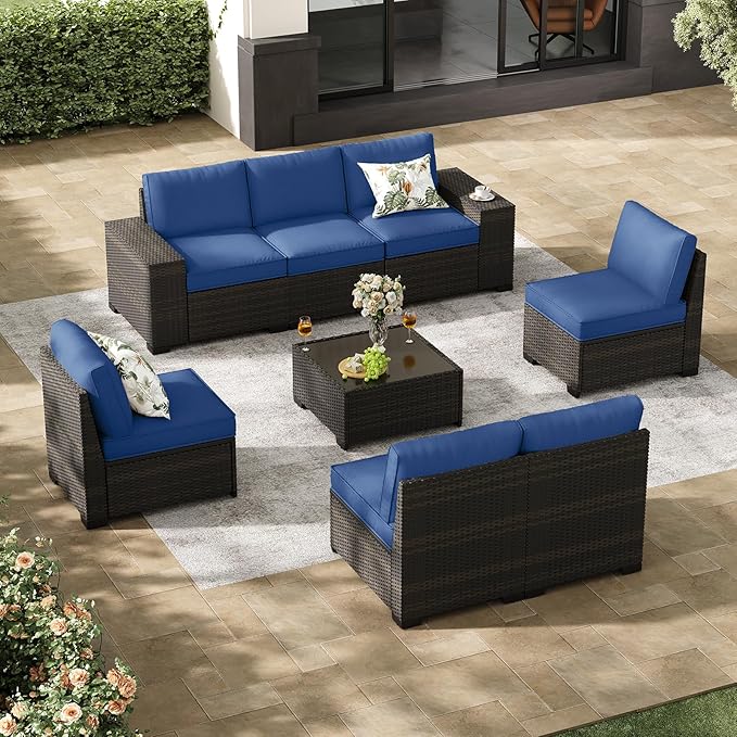 Jing's Villa 8-Piece Patio Furniture Set, All-Weather Outdoor Wicker Sectional Sofa with Cushions, Glass Table & Left and Right Armrest, Rattan Conversation Seating for Porch, Garden, Backyard,Navy