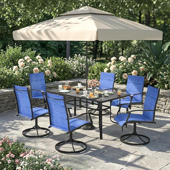 7 Pieces Patio Table and Chairs Set, 63" Metal Dining Table with Umbrella Hole, 6 High Back Textilene Swivel Chairs, Dining Table Set for 6, Outdoor Furniture for Porch Deck Yard Balcony, Blue