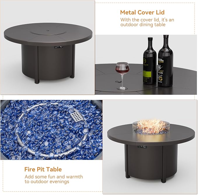 ALAULM 5-Piece Outdoor Dining Set for 4 Metal Outdoor Patio Furniture with 2 Swivel Chairs & 40000 BTU Round Fire Pit Table for Patio, Backyard, Garden-Grey